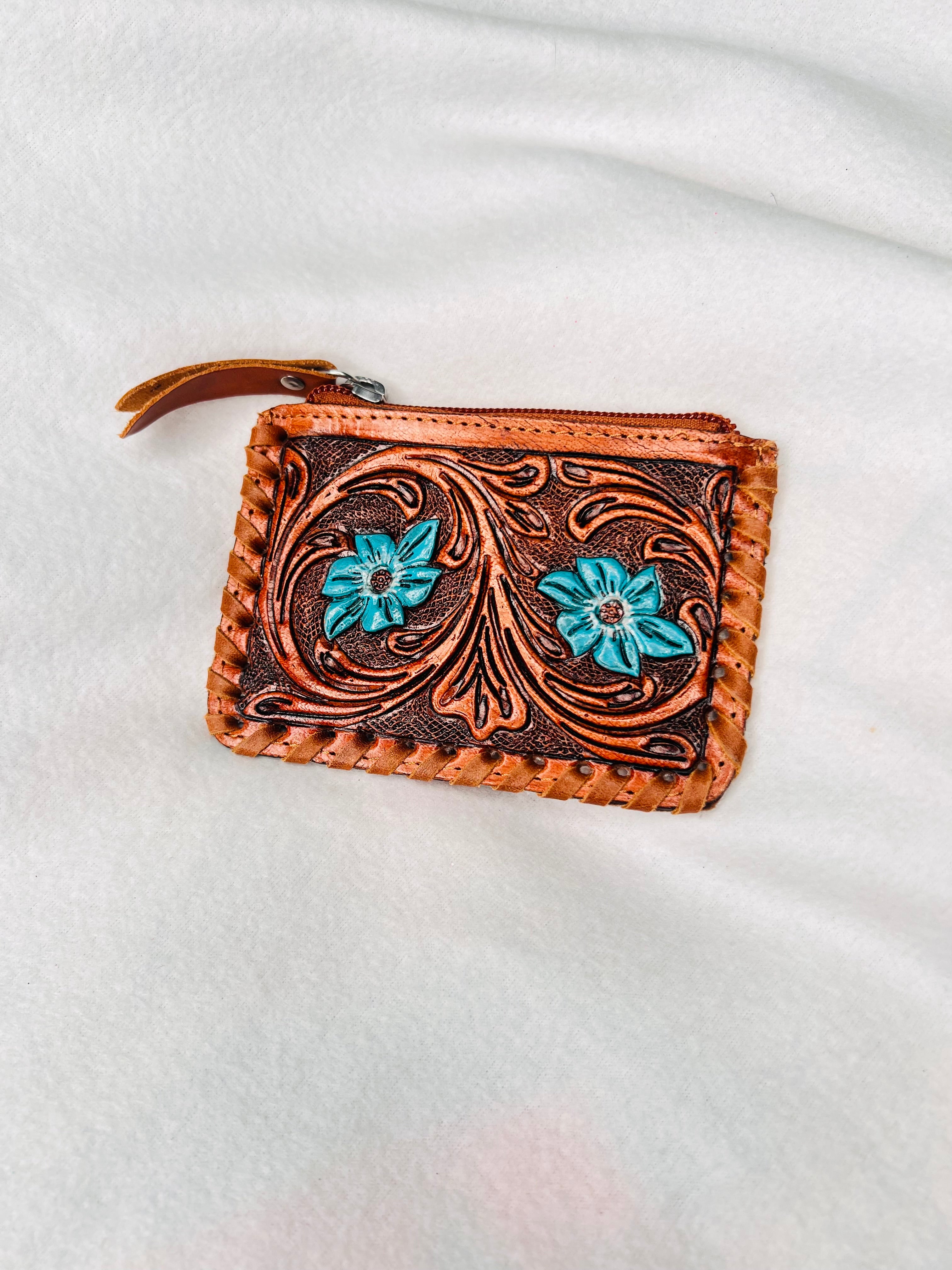 Genuine, leather, turquoise, flower coin purse