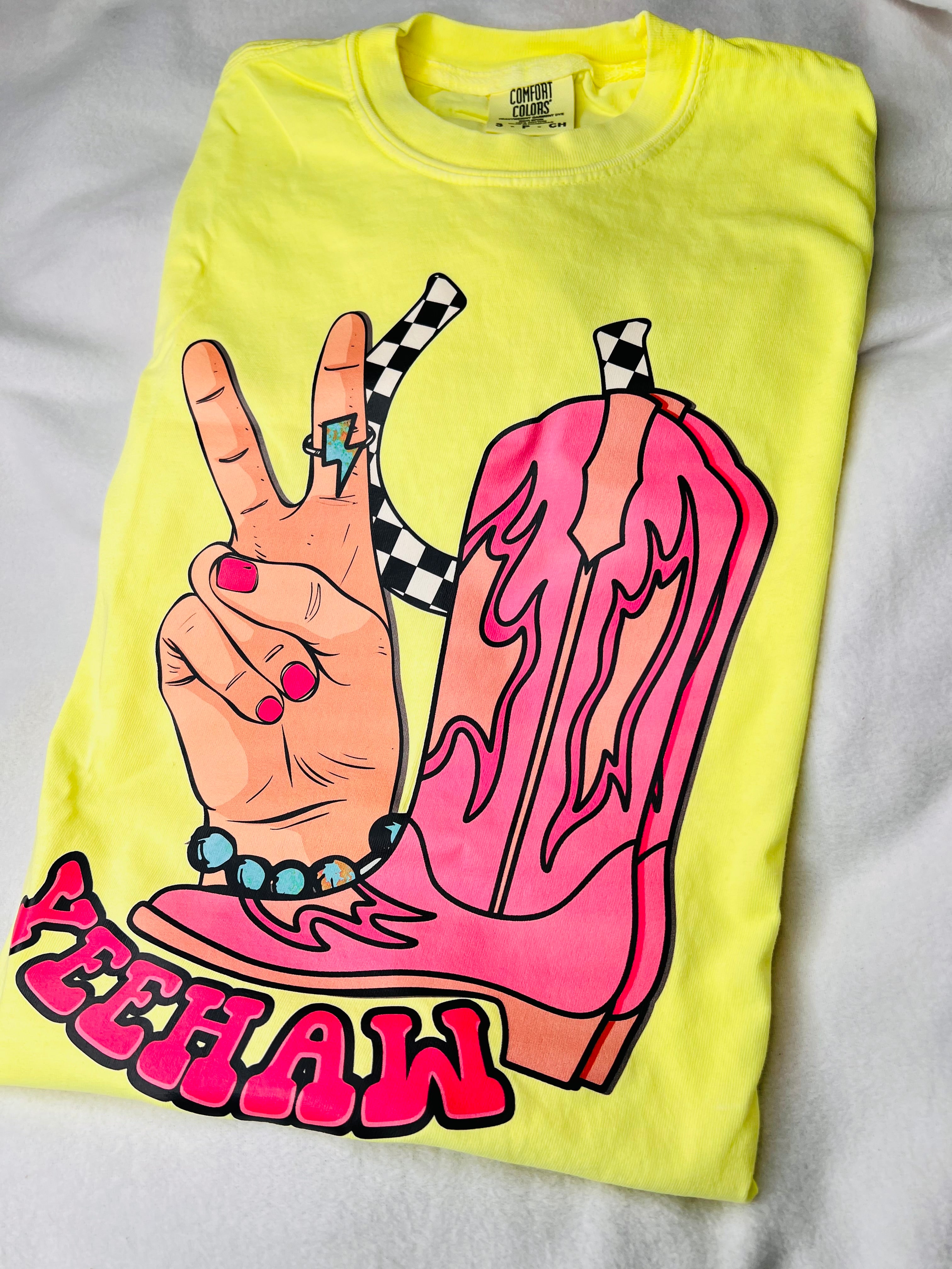 Neon yeehaw checkered boot tee