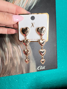 4 tier gold heart dangle earrings