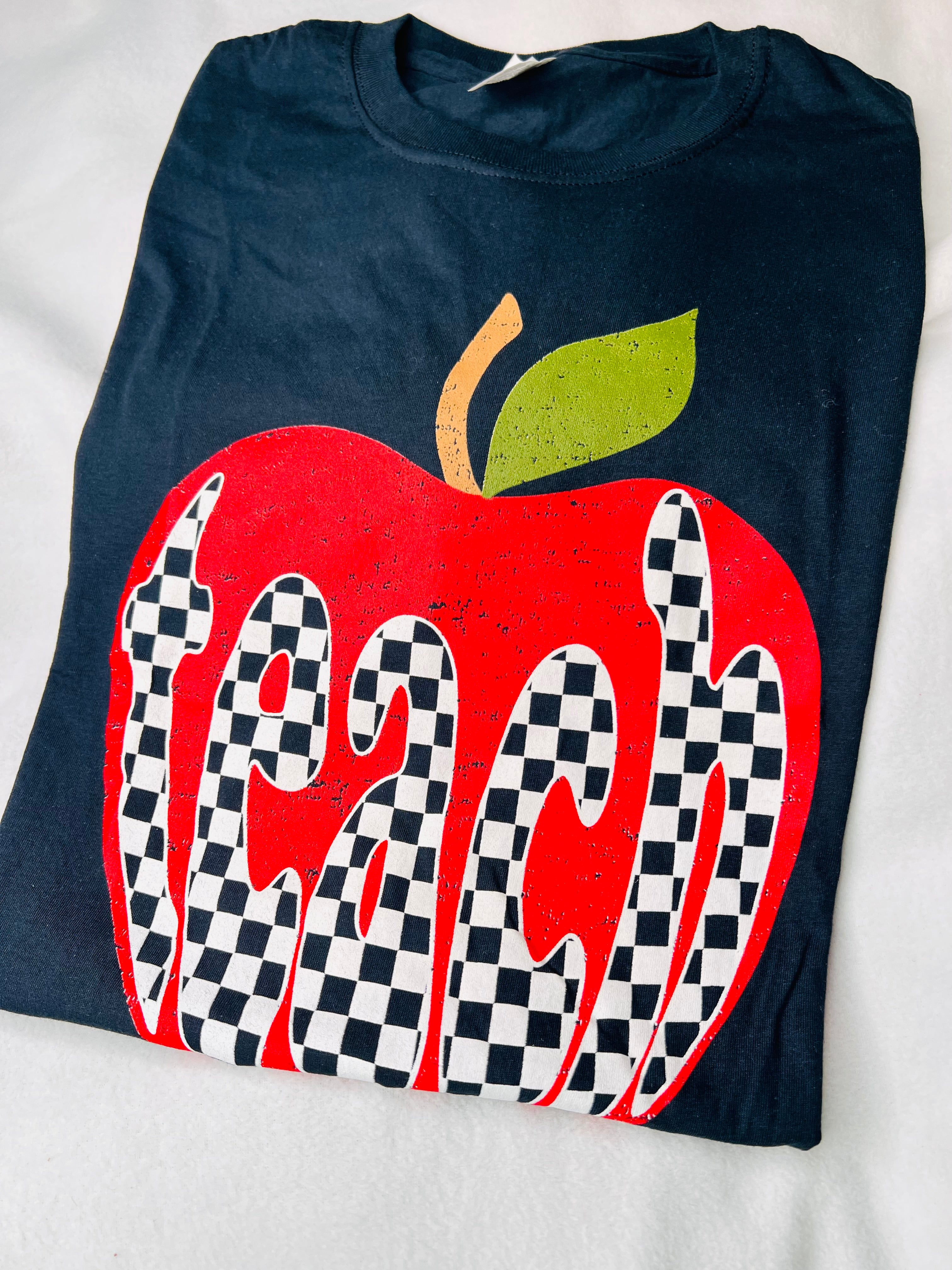 Checkered red Apple teach tee