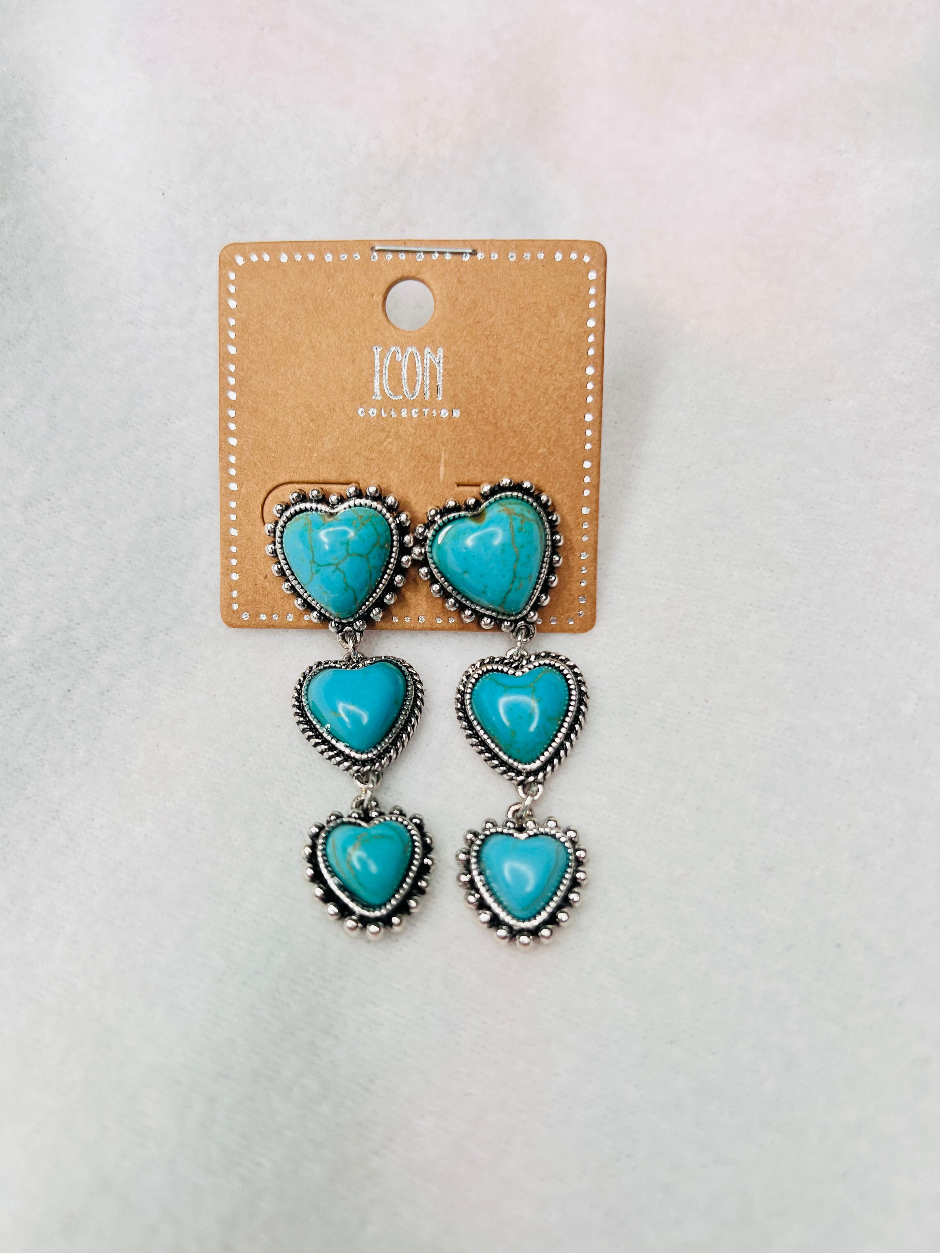 3 tier turquoise heart earrings