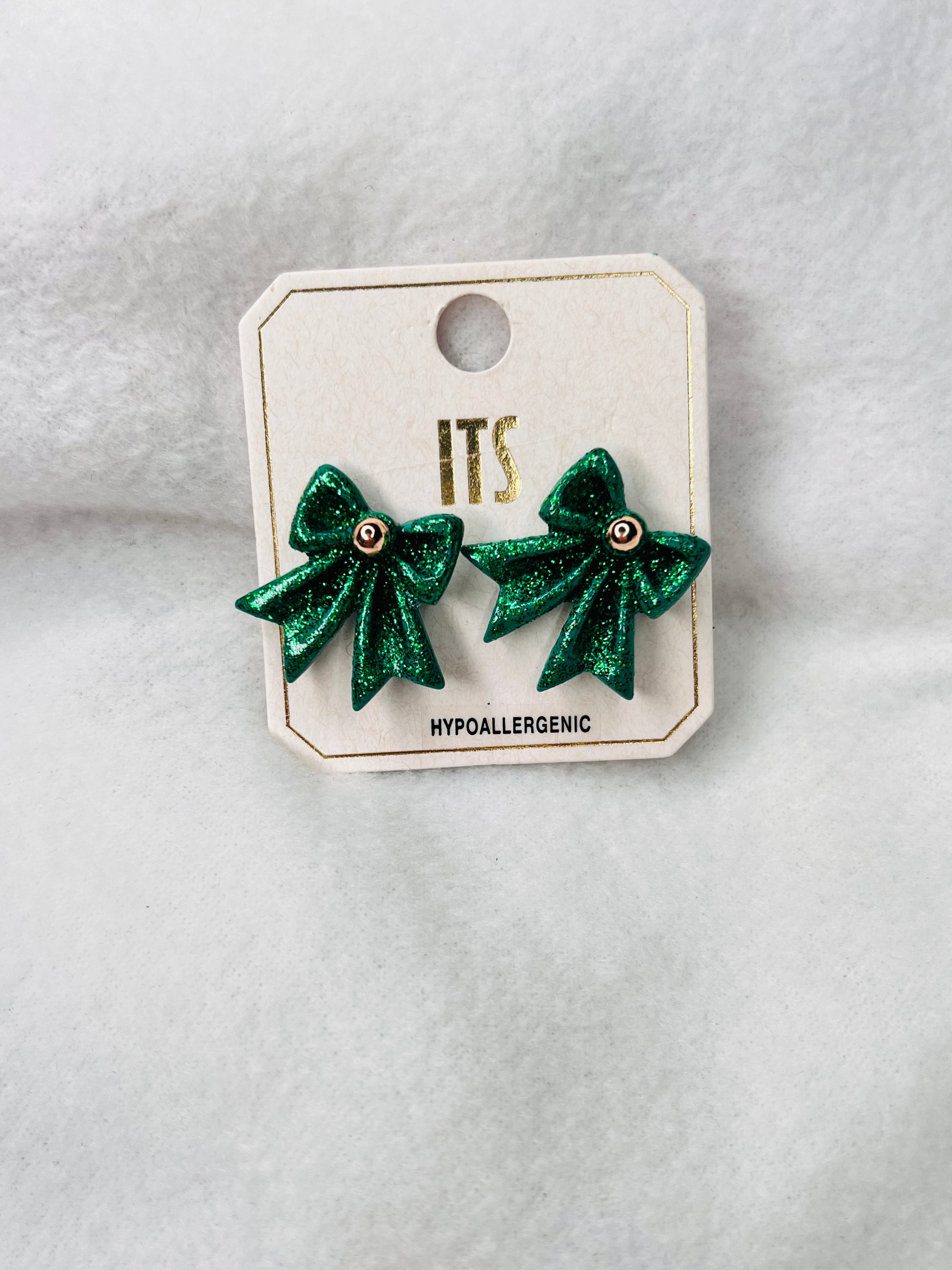 Green sparkle bow studs