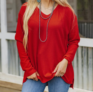 Red ribbed V-neck long sleeve