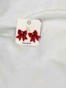 Red sparkle bow studs earrings