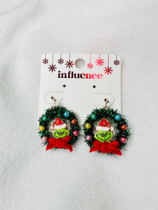 Grinch wreath dangle earrings