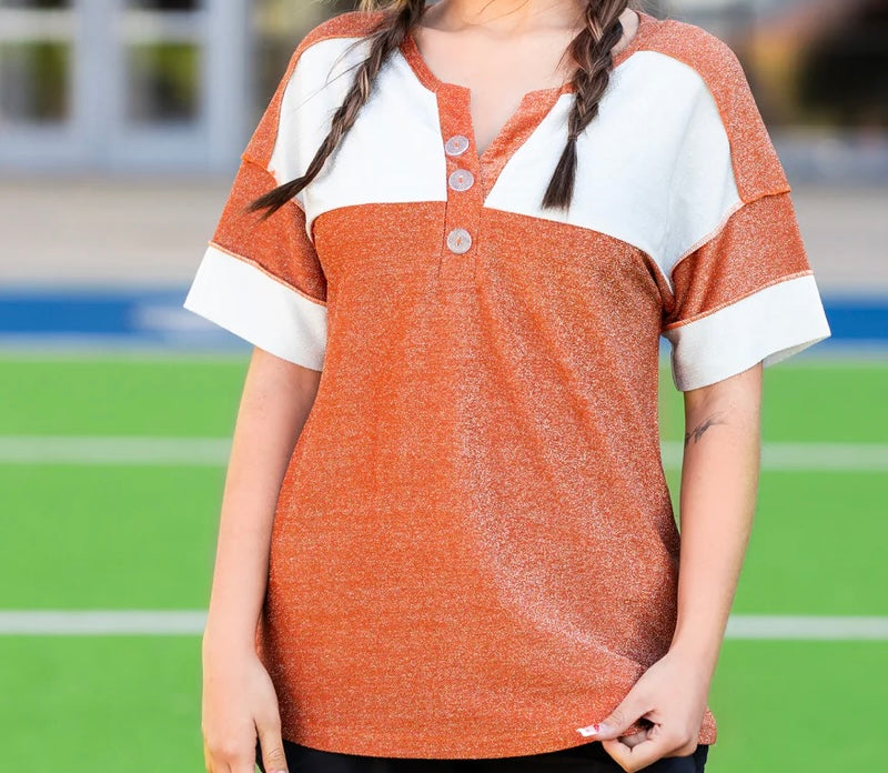 Texas Longhorn Orange shimmer top