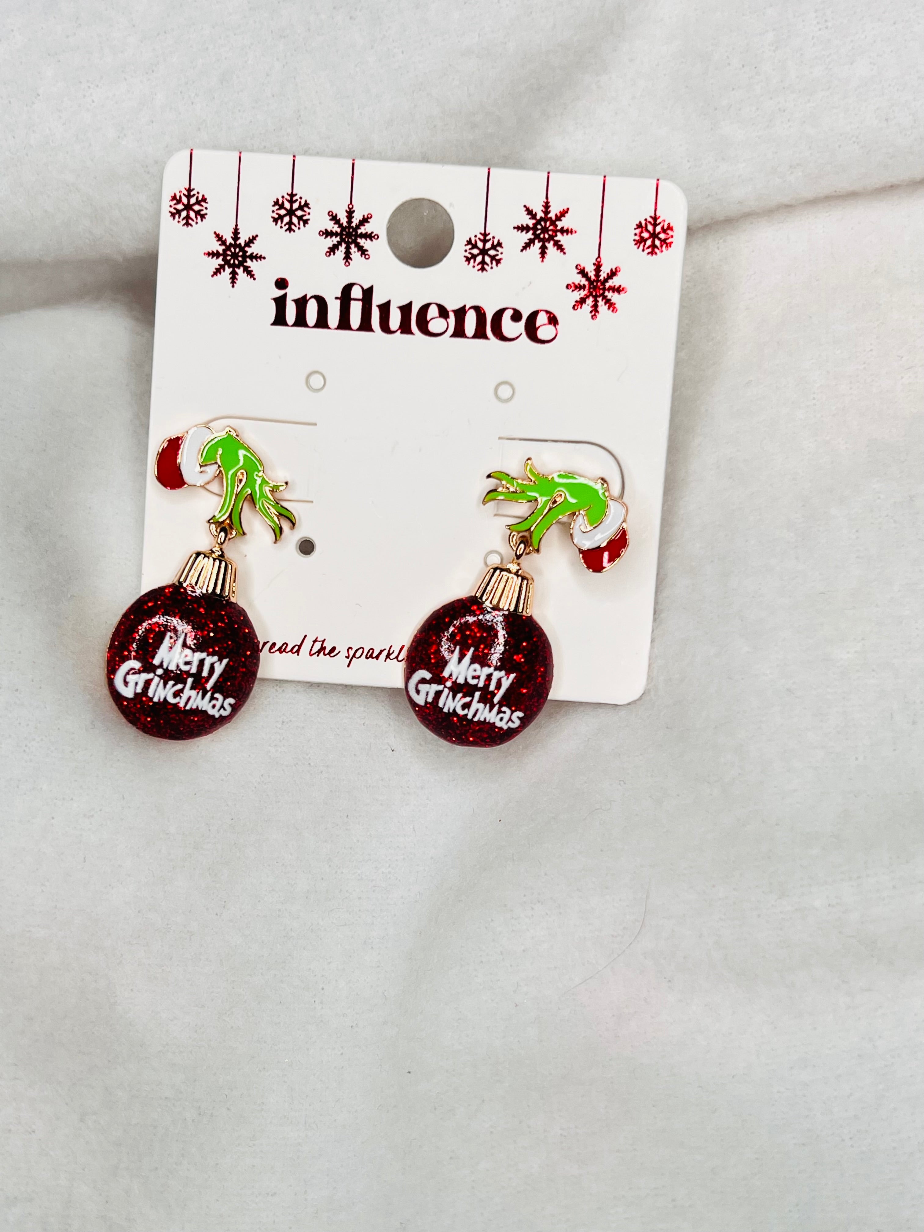 Grinch hand ornament earrings red