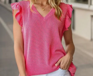 Perfect pink ribbed V-neck