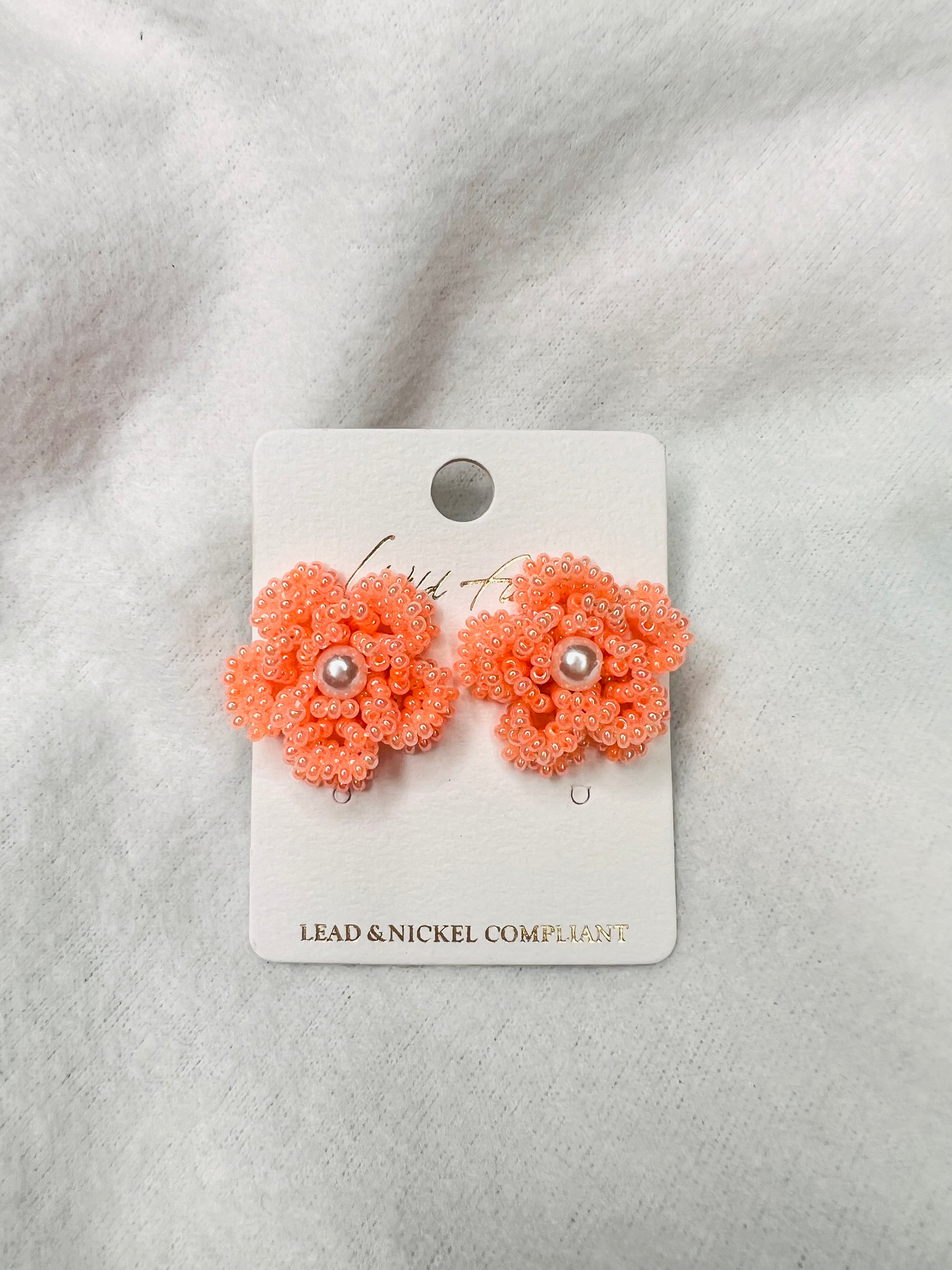 Coral beaded flower earrings