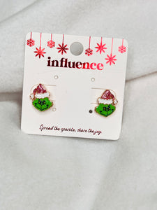 Grinch face, pink hat studs