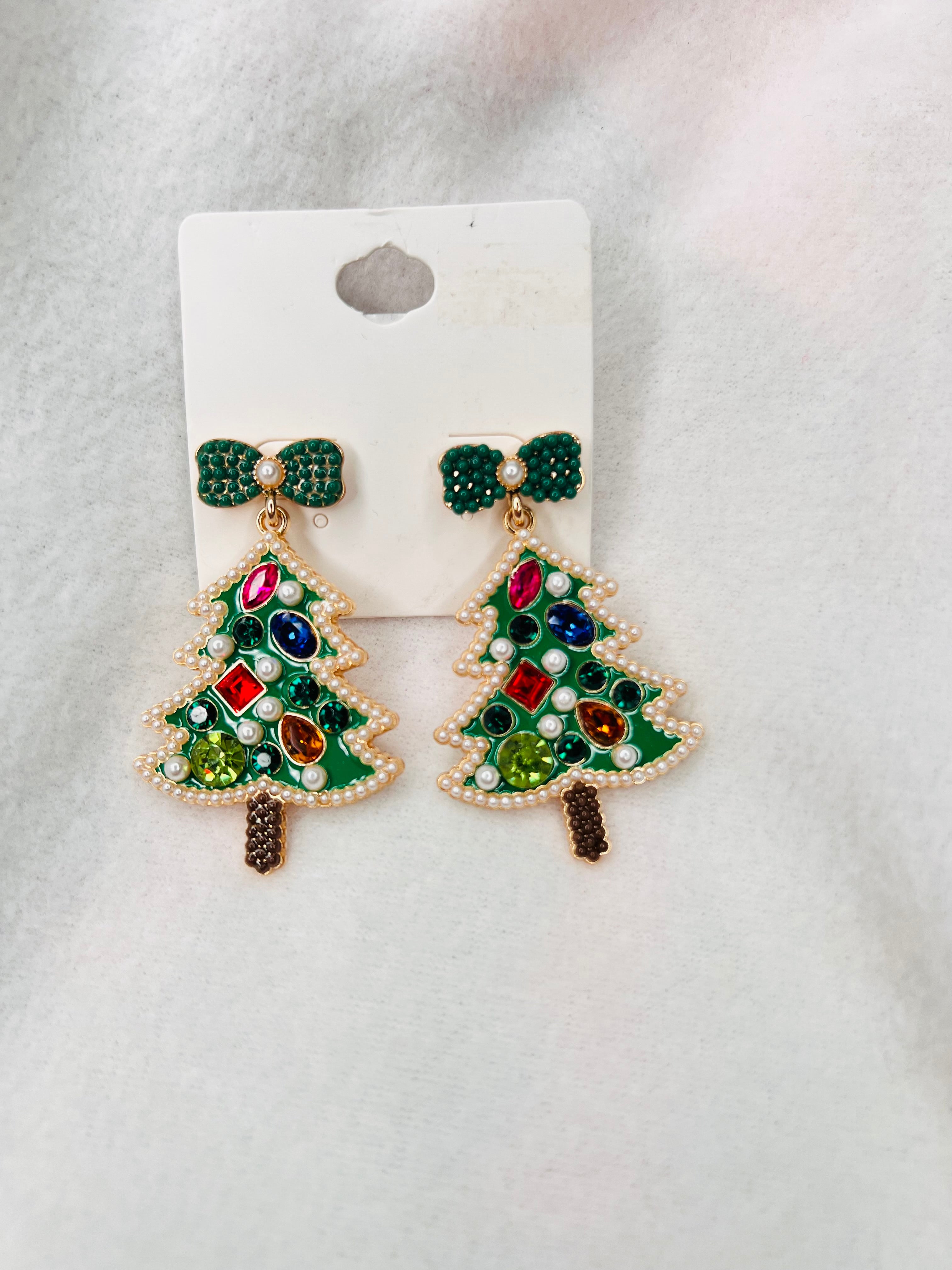 Green, colorful ornament dangle tree earrings