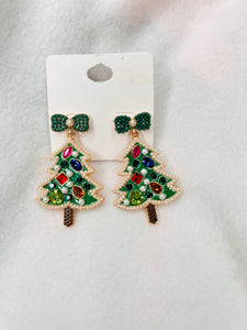 Green, colorful ornament dangle tree earrings