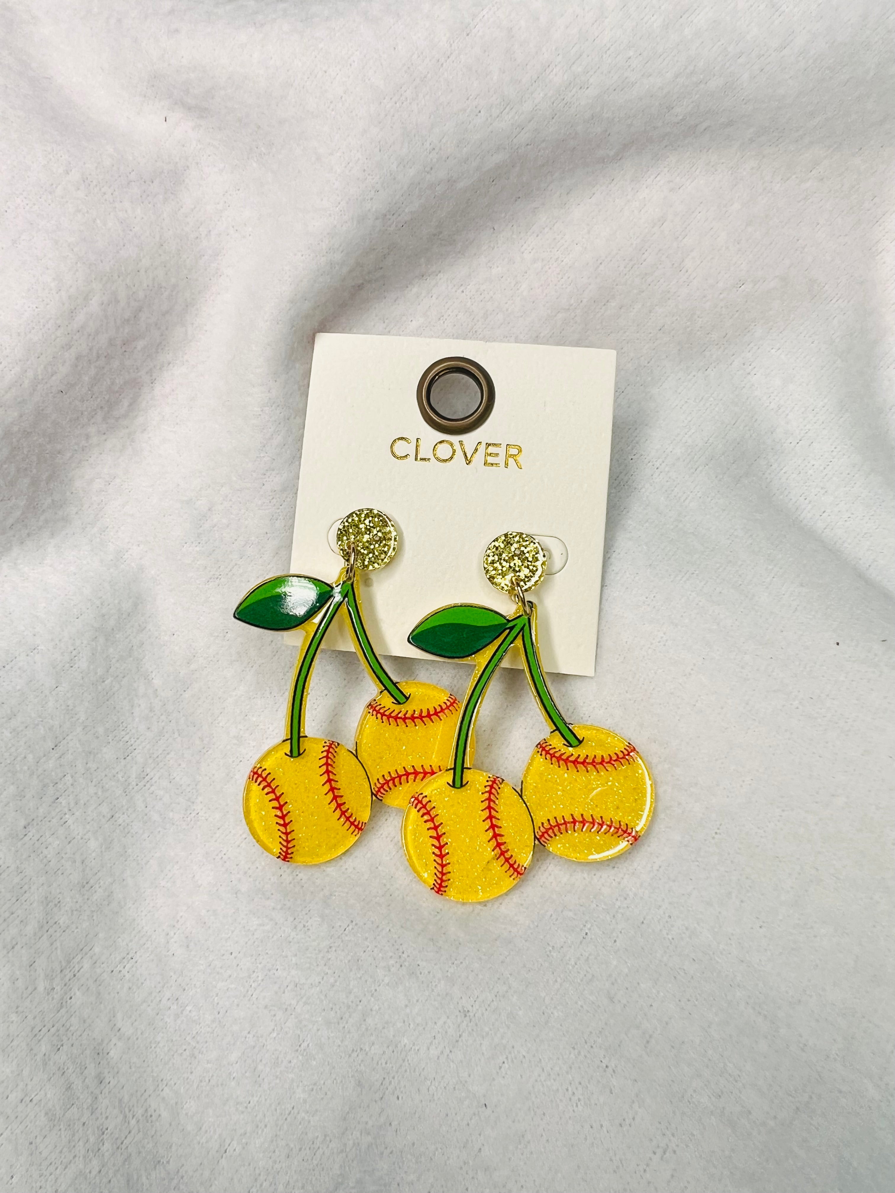 Softball, cherry dangle earrings
