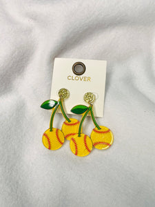 Softball, cherry dangle earrings
