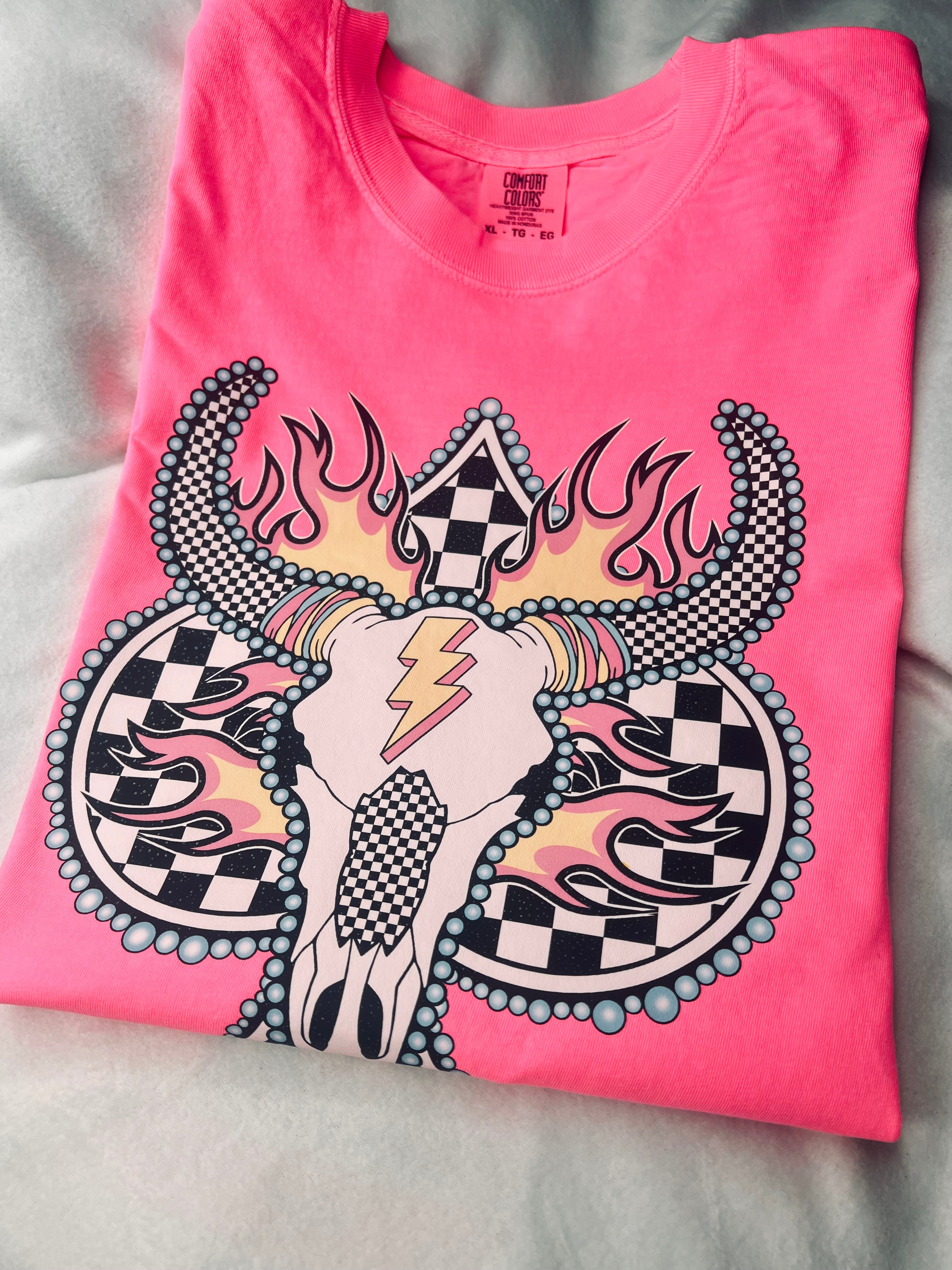 Neon pink checkered Aztec tee