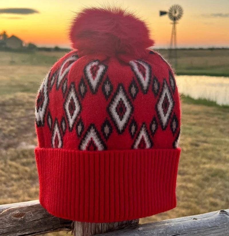 Red Aztec winter beanie