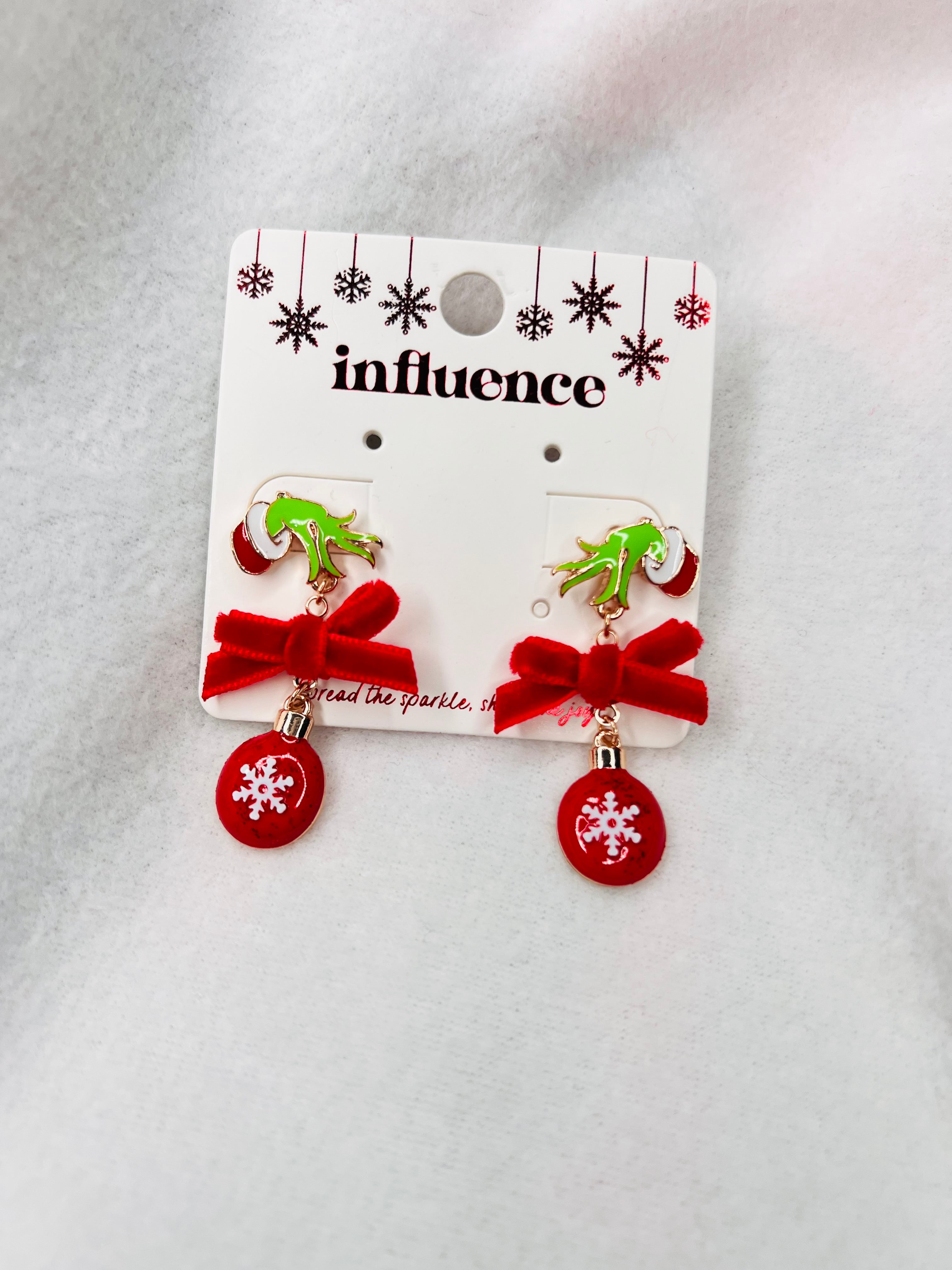 Grinch hand, red bow ornament dangle earrings