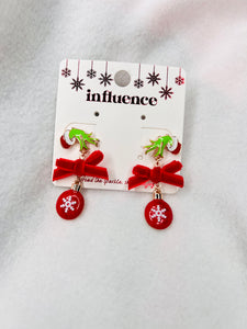 Grinch hand, red bow ornament dangle earrings