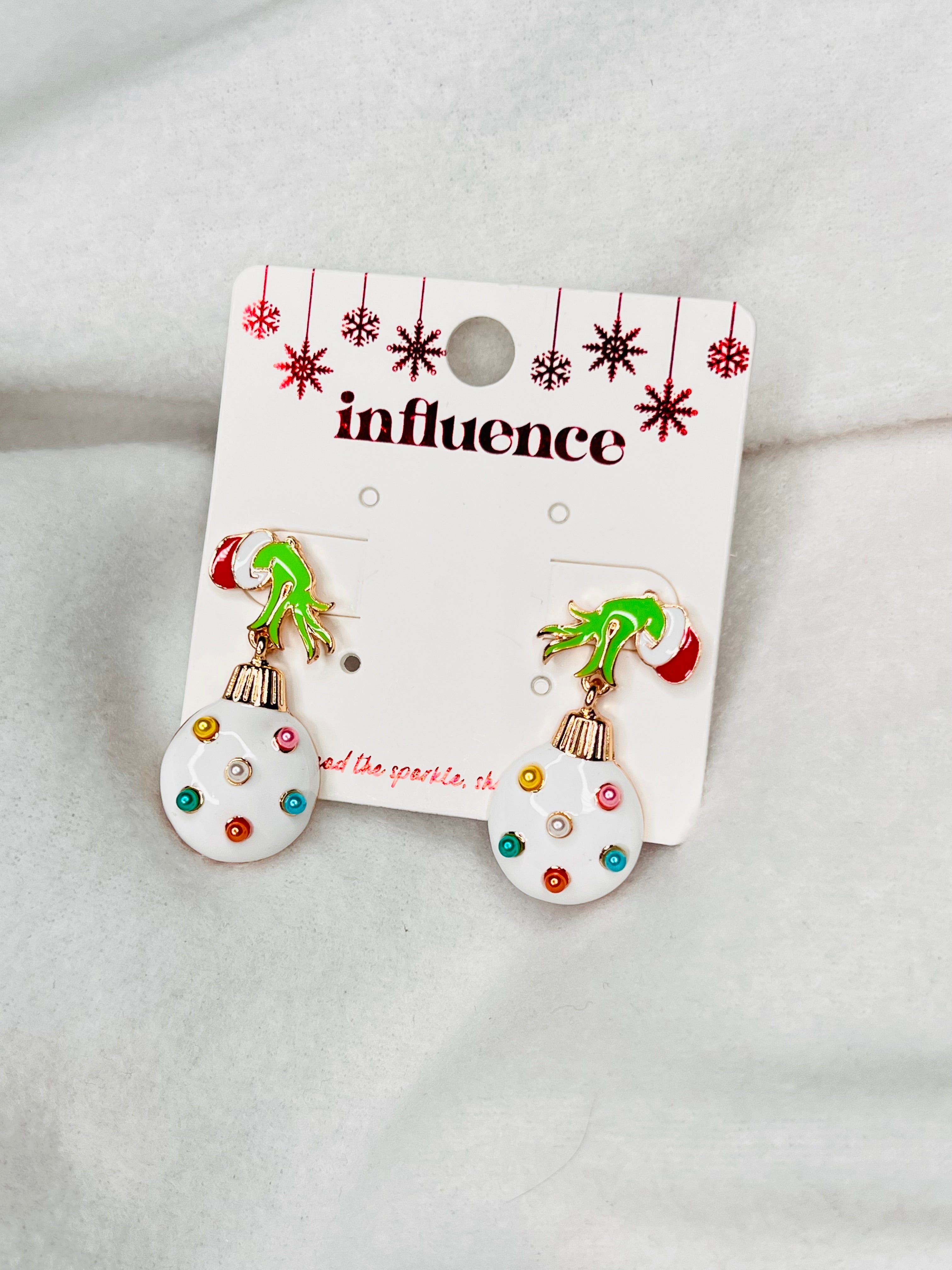 Multicolored grinch hand ornament earrings