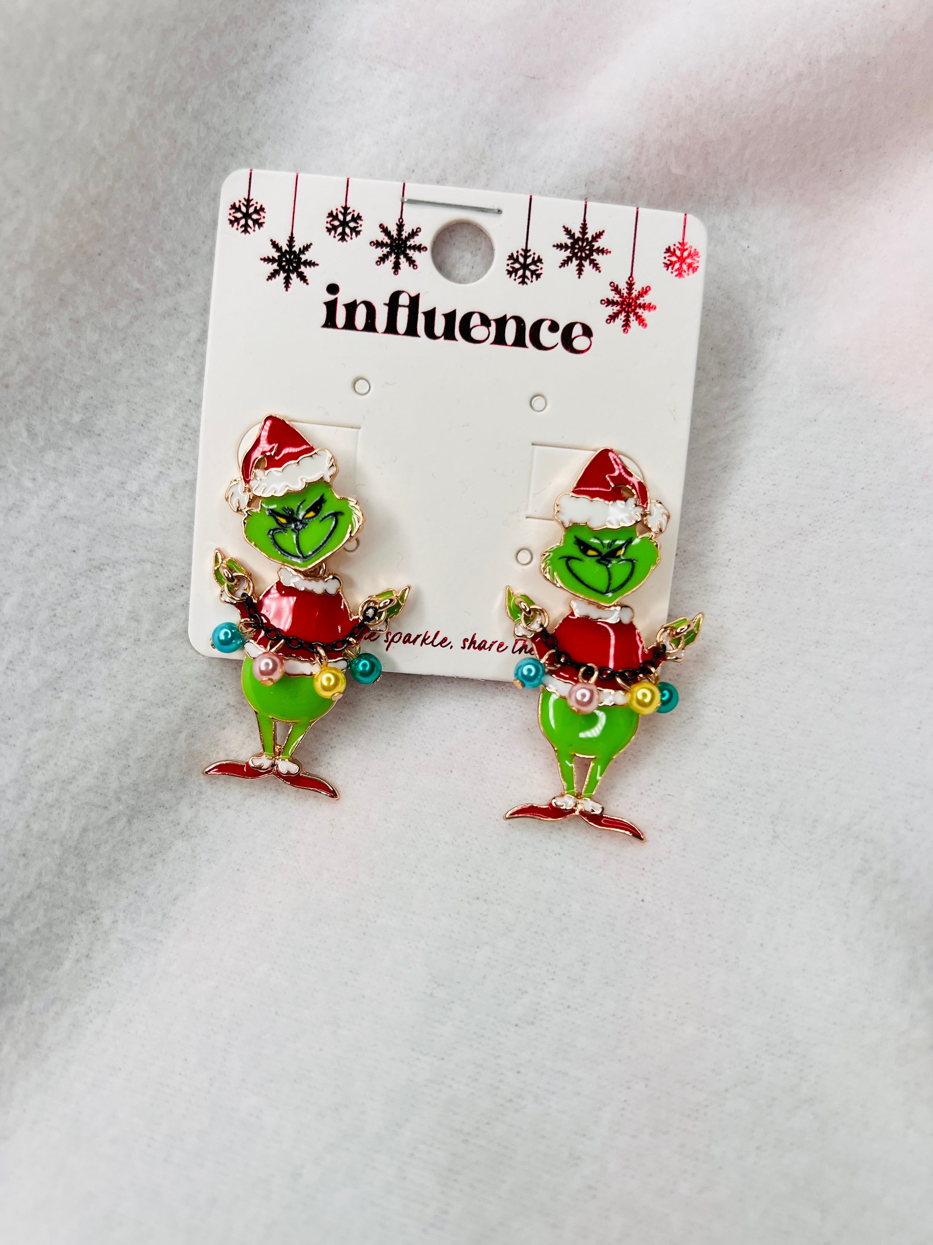 Grinch dangle lights, red earrings