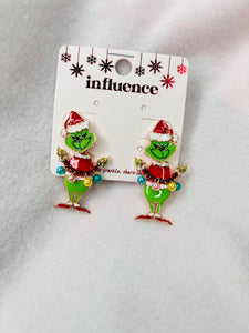Grinch dangle lights, red earrings