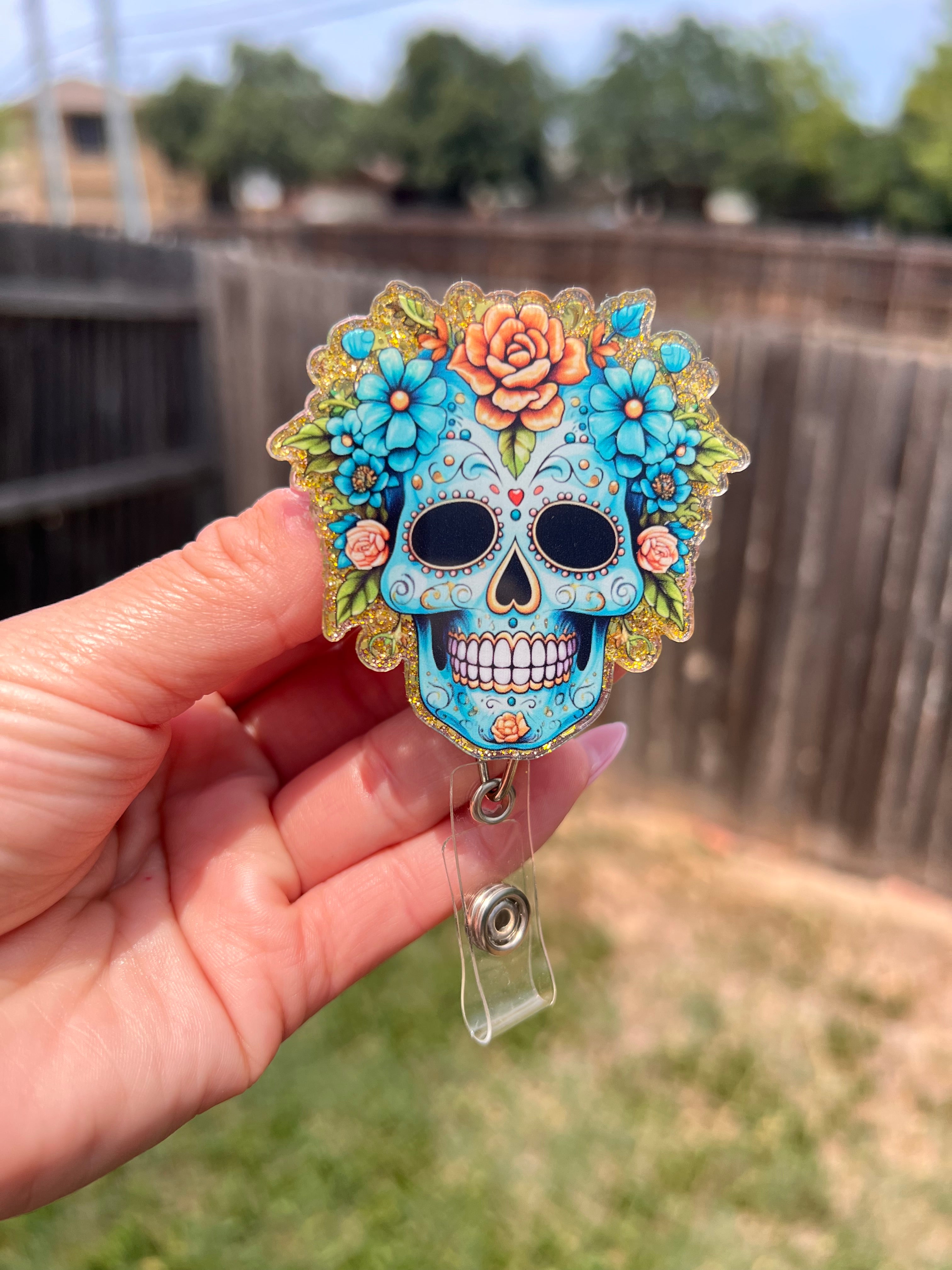 Turquoise sugar skull badge