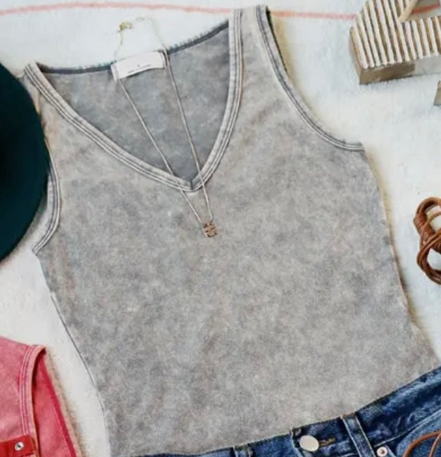 Mineral wash gray V-neck leotard tank