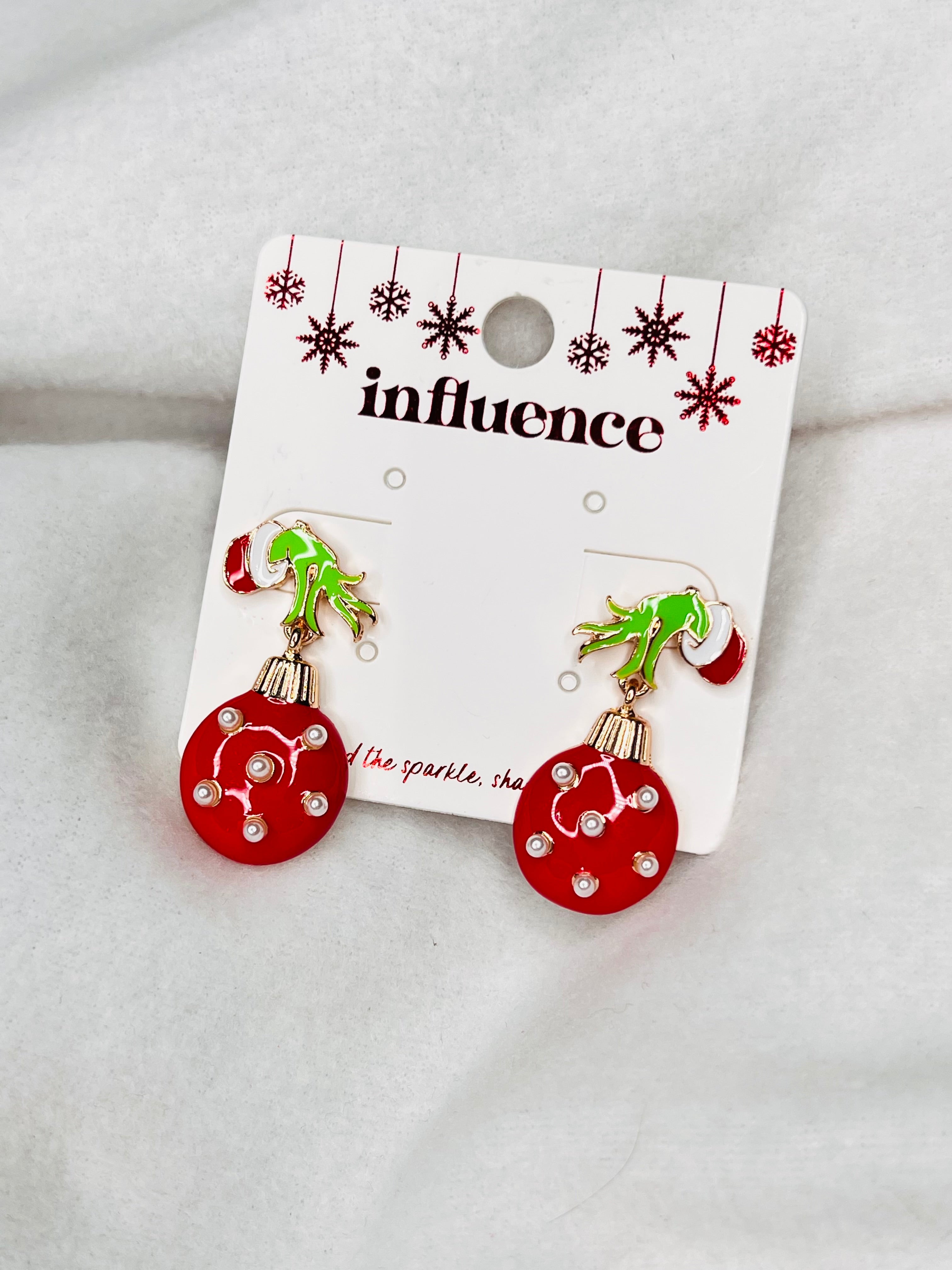 Grinch hand red pearl ornament earrings
