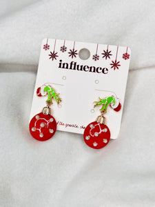 Grinch hand red pearl ornament earrings