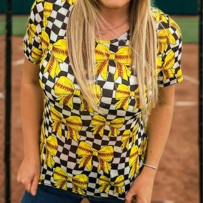 Short sleeve checkered softball mesh top