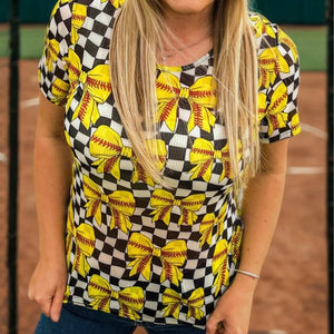 Short sleeve checkered softball mesh top