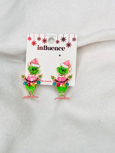 Pink grinch string lights earrings
