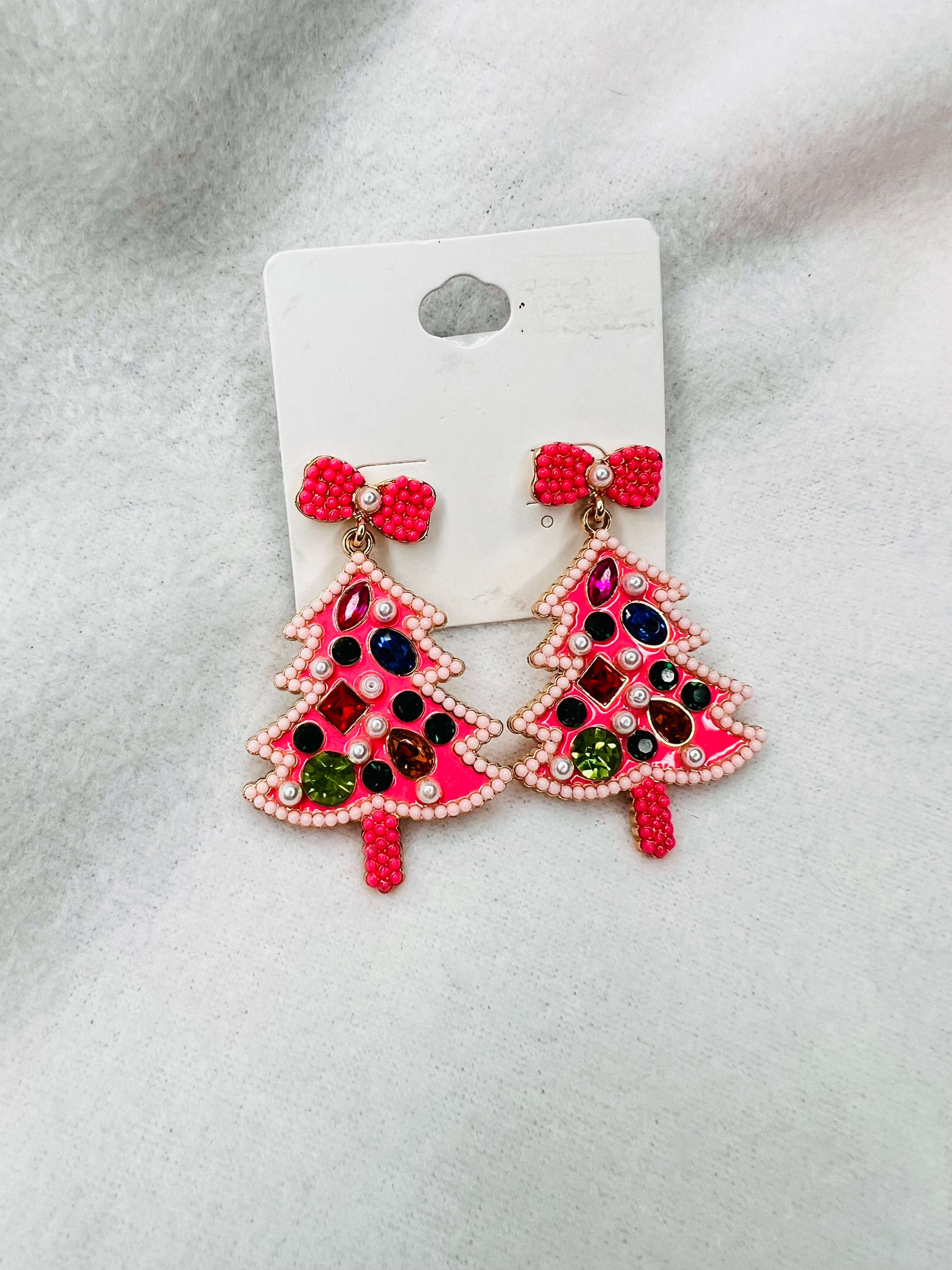 Pink ornament Christmas tree dangle earrings